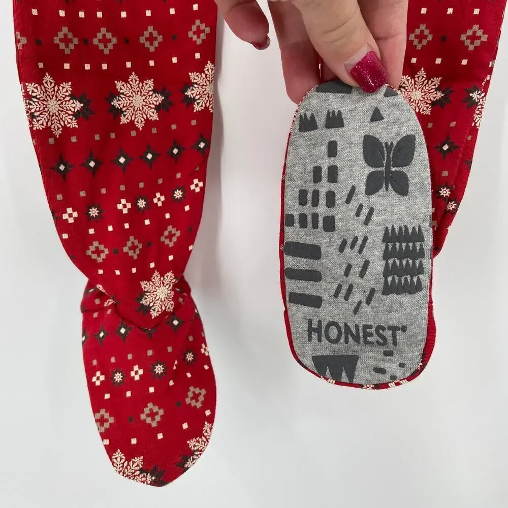 Honest Baby Pajama Size 18 Months Red Fair Isle Snowflake Organic‎ Cotton Footed